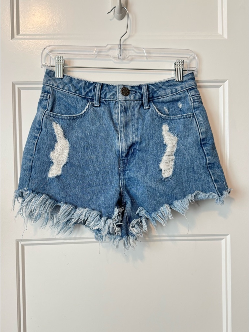 Mumu Blue Distressed Denim Shorts High Rise Frayed Hem Festival Jean Shorts 25